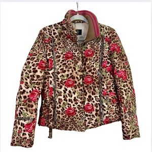 Bogner Leopard Print Ski Jacket with Red Rose Embroidery
